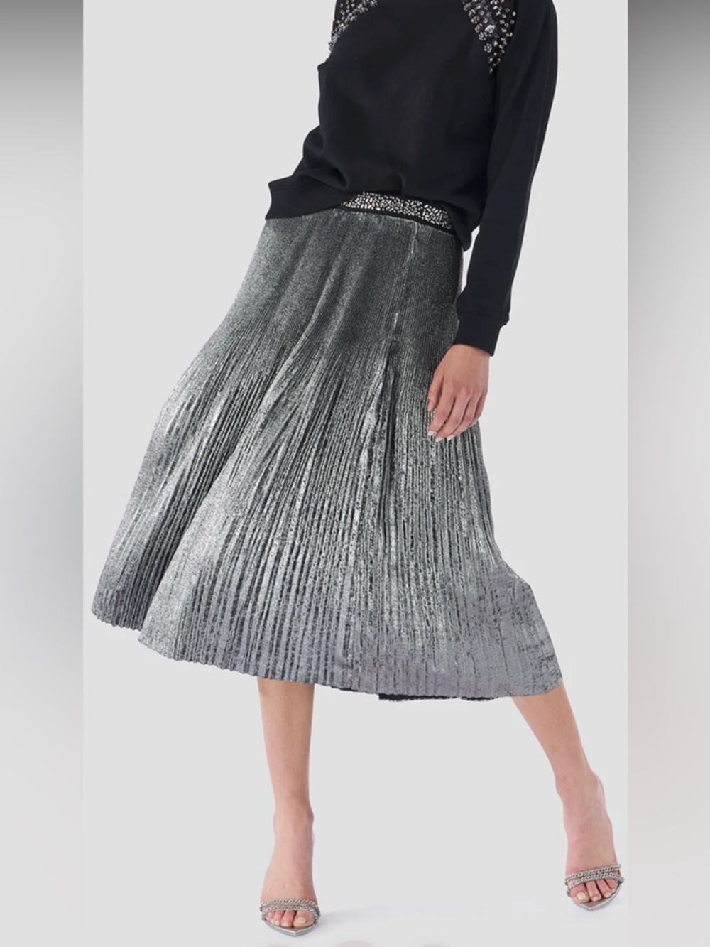LE SUPERBE FOIL PLEATED SKIRT MEDIUM SILVER NWT $395